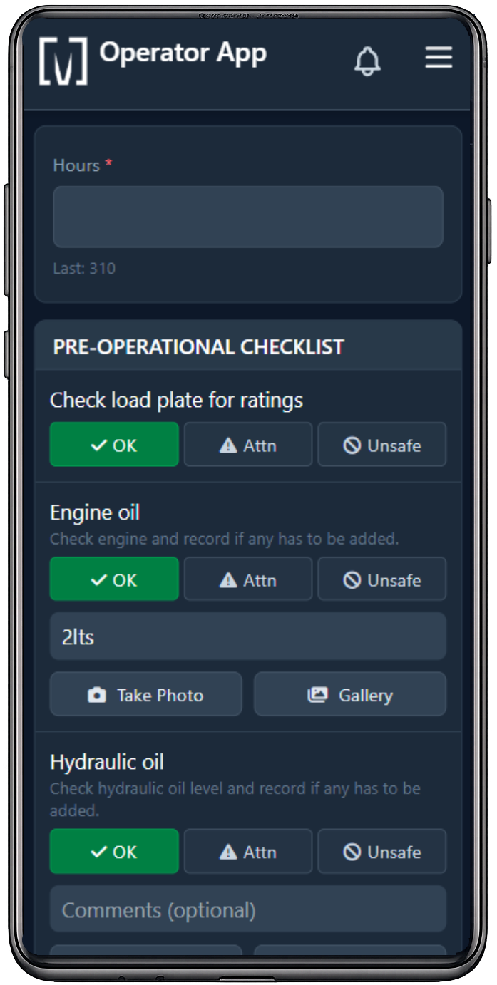 Pre-Start form on mobile