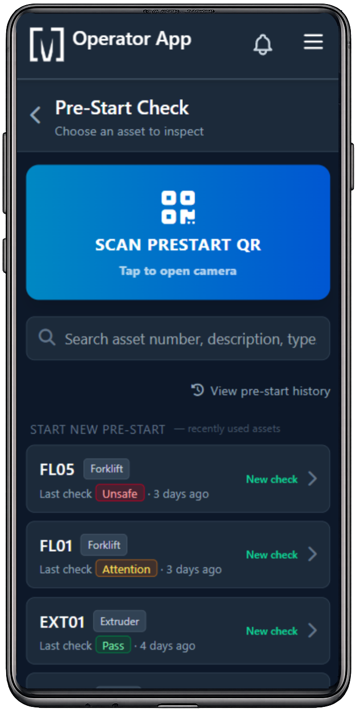 Pre-Start Check on mobile